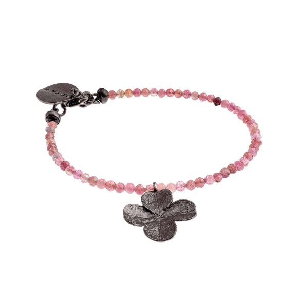 Bracelet with pink tourmalines and dark clover-shaped pendant by ORSKA