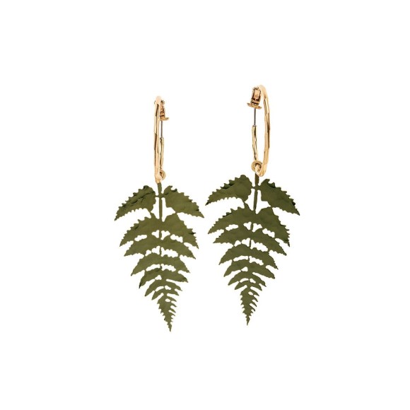 Złote kolczyki koła z zielonymi liśćmi paproci z kolekcji Plantis ORSKA