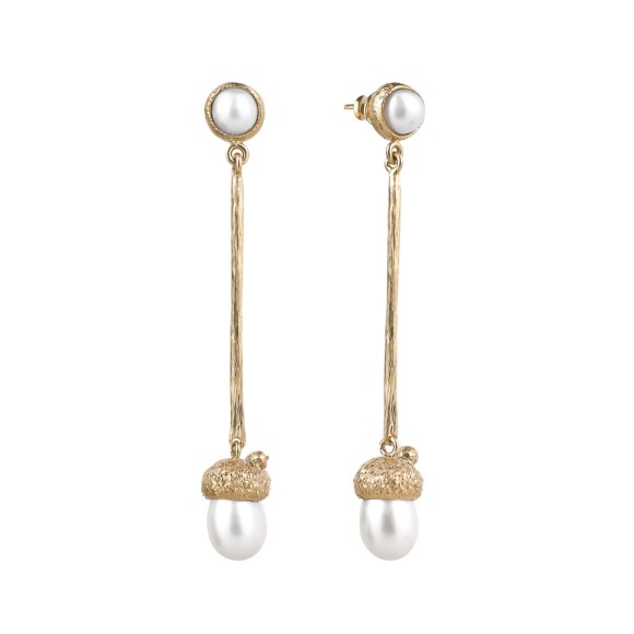 Długie, pozłacane kolczyki żołędzie z perłami