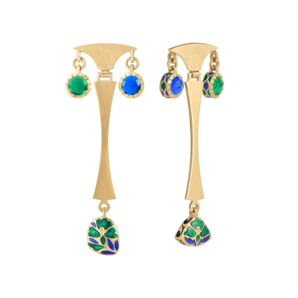 Gold-plated earrings with green and blue decorations from the Minakari collection