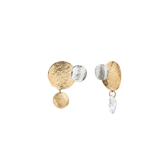 Asymmetrical silver and gold earrings with crystal from Rundo collection