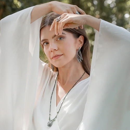 Silver long necklace with green stones by ORSKA