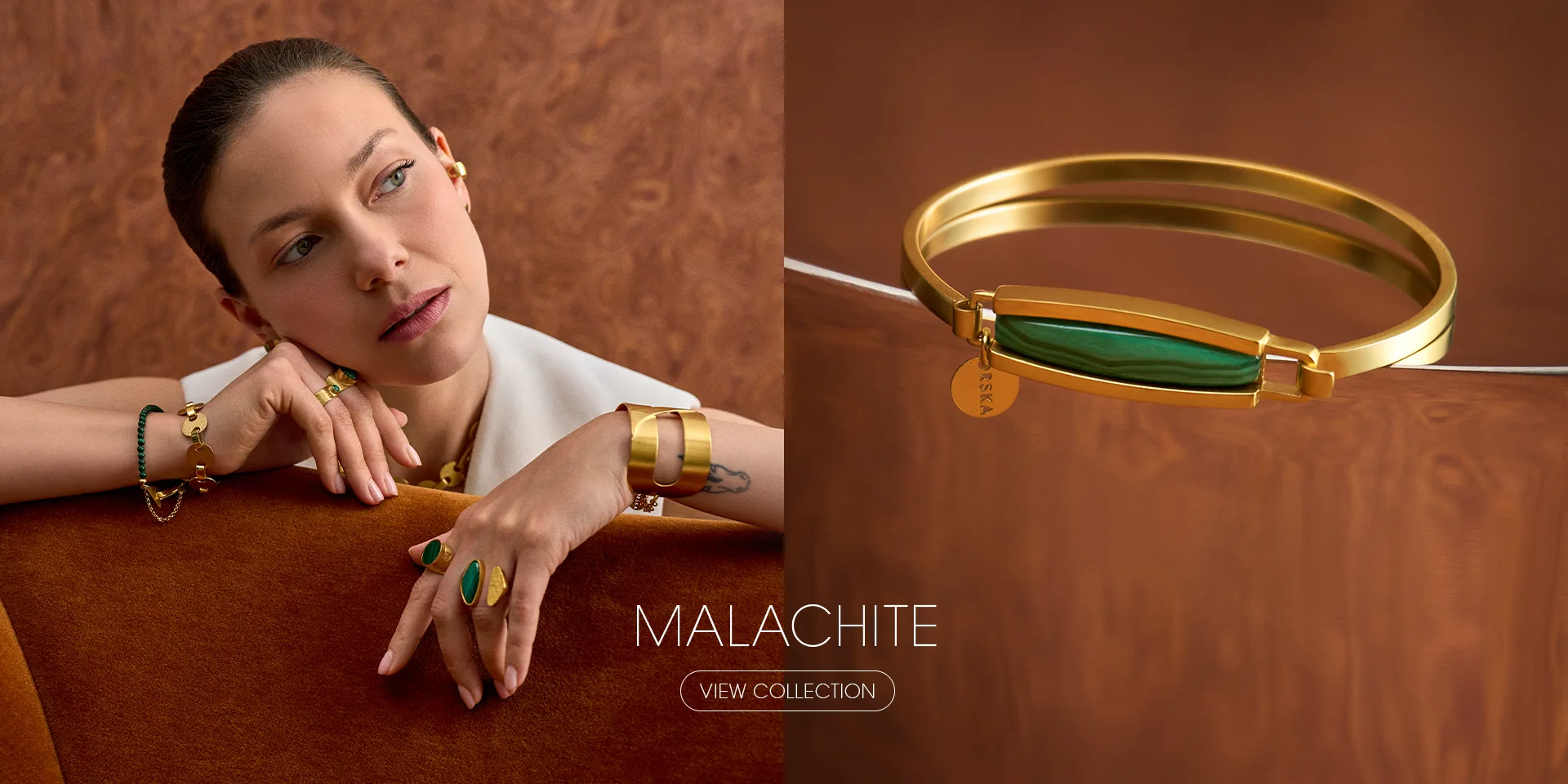 Malachite - gold bracelet with green stone