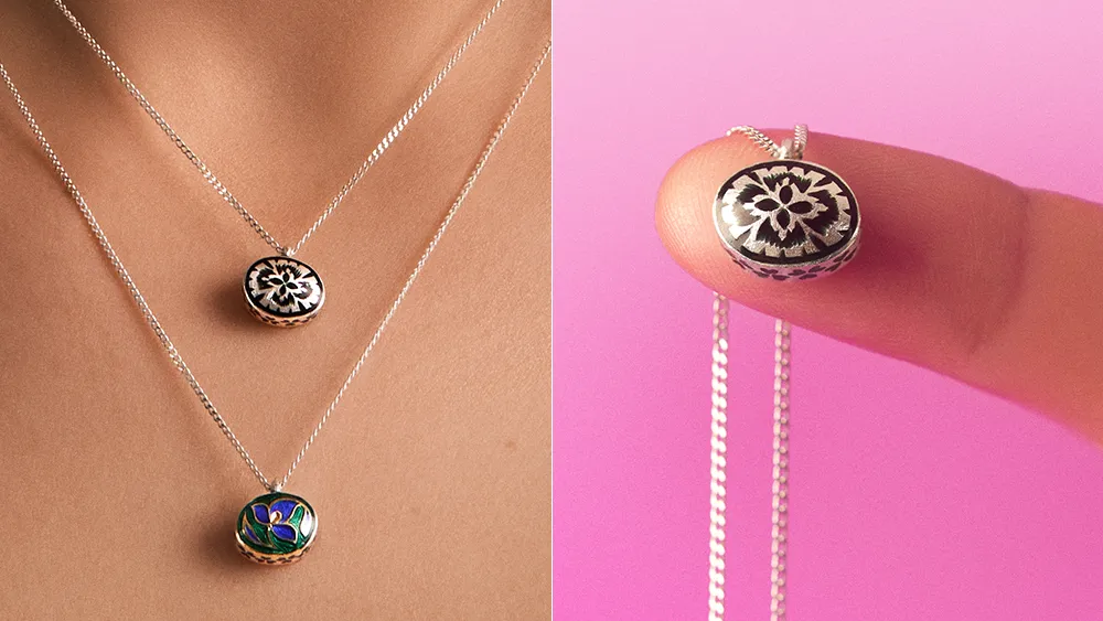 Silver, enameled necklaces from India from the Minakari collection by ORSKA